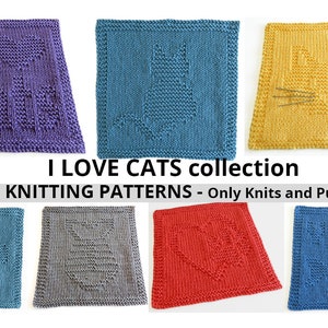 May include: Seven knitted dishcloths featuring cat designs. The dishcloths are in various colors, including purple, blue, yellow, red, and gray. The designs include a cat, a heart, and the words "I love cats".