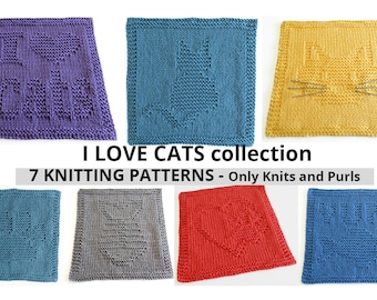 I LOVE CATS knitting patterns collection, 7 patterns, beginner cat patterns - cats dishcloth, Knit and Purl, Instant download, ohlalana