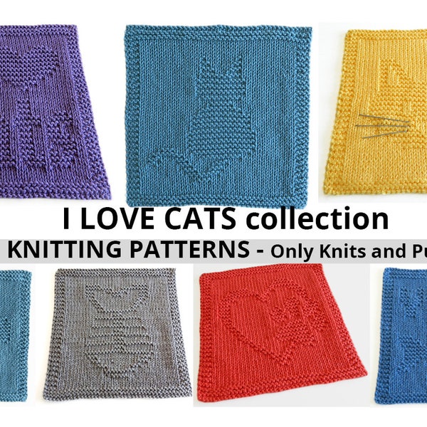 I LOVE CATS knitting patterns collection, 7 patterns, beginner cat patterns - cats dishcloth, Knit and Purl, Instant download, ohlalana