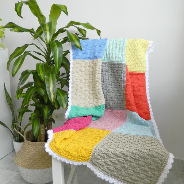 BEGINNER sampler blanket knitting pattern - Beginner knit blanket PDF - Easy knit baby blanket pattern - ENGLISH - Instant download