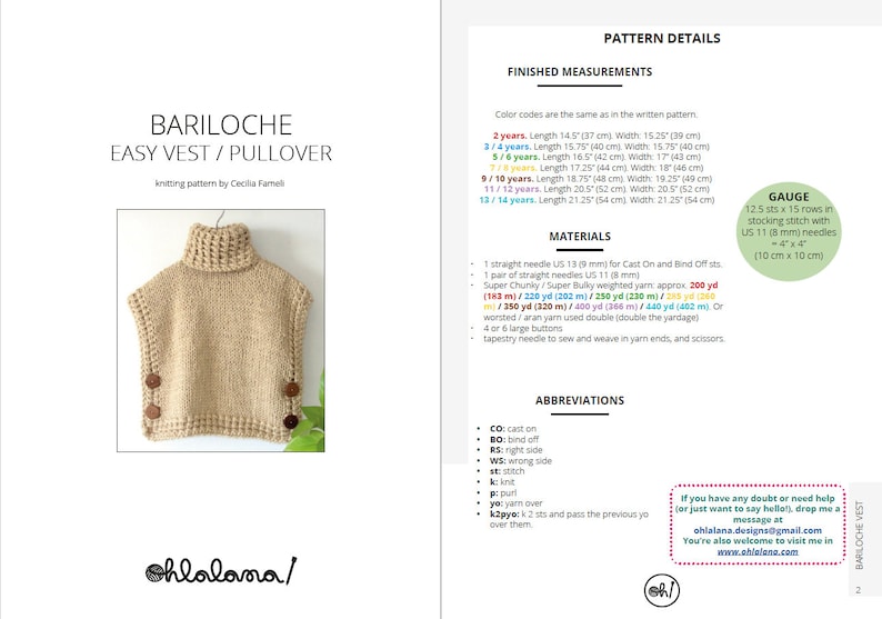 The Bariloche Easy Vest Pullover KNITTING PATTERN, Knit Poncho Pattern, Easy Pullover Knitting Pattern, Instant Download, PDF ohlalana image 2