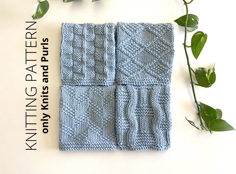 DISHCLOTH SET 7, dishcloth knitting pattern collection, 4 beginner patterns, Knits and purls, Easy knit patterns, Instant download, ohlalana image 1