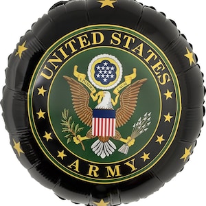 Pode incluir: Um balão de folha de alumínio preto e dourado com o selo do exército dos Estados Unidos. O selo apresenta uma águia careca com um escudo e flechas, rodeado de estrelas e as palavras "United States Army".