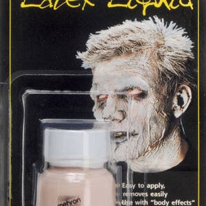 May include: A 1 fl. oz. (28 ml) bottle of Mehron Liquid Latex in Light Flesh. The bottle is white with a black label that says "Mehron Liquid Latex". The label also includes instructions for use, such as "Create Fake Skin, etc." and "Easy to Use".