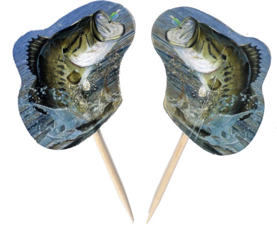 24 PC Bass Fishing Party Favors/bass Fishing Cupcake Picks/fishing