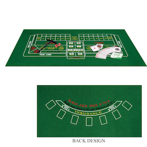 May include: Green felt craps table with white markings, dice, and a stick. A deck of cards and a box of cards are also on the table. The back design shows a blackjack table with text that reads "BLACK JACK PAYS 3 TO 2".