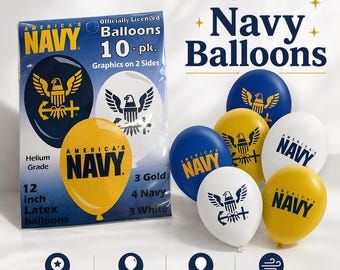 May include: A package of officially licensed 12-inch latex balloons with the text "America's Navy". The package contains 10 balloons: 3 gold, 4 navy blue, and 3 white. The balloons feature graphics on both sides and are helium grade.