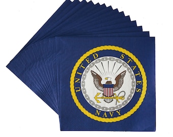 May include: A stack of navy blue paper napkins. Each napkin features the United States Navy emblem in a gold and silver circular design. The emblem includes an eagle, anchor, and the words "United States Navy."