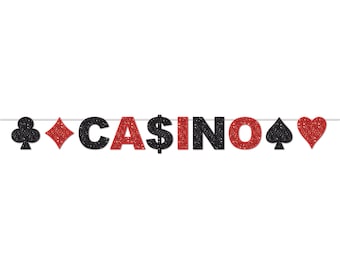 Könnte beinhalten: Schwarze und rote Glitzer-Casino-Girlande mit dem Wort "CASINO" und Spielkartensymbolen.