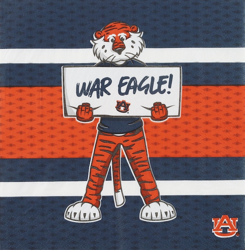 May include: A cartoon tiger wearing an orange and blue striped shirt and pants holds a sign that says "WAR EAGLE!" The tiger is standing on a blue and orange striped background with a white stripe in the middle. The tiger is wearing a blue shirt with a white "A" on it. The background is a blue and orange striped pattern.