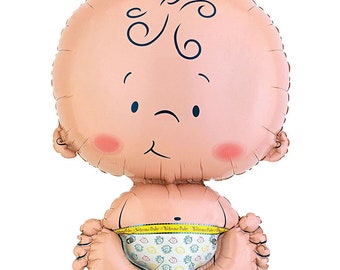 Può includere: Un palloncino rosa a forma di bambino con un viso carino e un pannolino con il testo "Benvenuto Bebè" ripetuto. Il palloncino è fatto di alluminio e ha una finitura lucida.