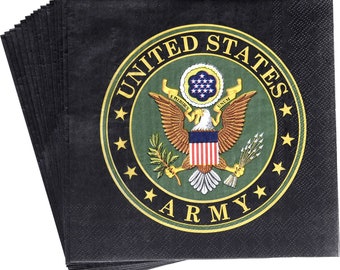 May include: A stack of black paper napkins featuring a gold and green United States Army seal. The seal depicts an eagle with a shield and the words "United States Army".