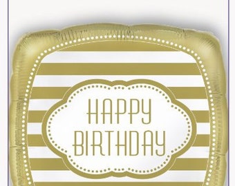 Golden Happy Birthday Mylar Balloon/ 1 CT Gold Happy Birthday Balloon/ Gold Birthday Party/ Gold Striped Balloon/ Gold Party Supplies