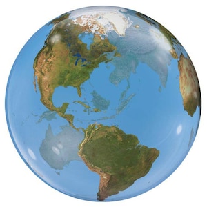 以下が含まれることがあります： 地球の地図が詳細に描かれた青い地球儀。大陸と海が示されています。地球儀は少し傾いており、北アメリカと南アメリカが手前にあります。
