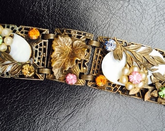 Vintage Art Deco Style Bracelet with Rhinestones Faux Pearls and Brass Leaves / Vintage Bracelet / Vintage Costume Jewelry