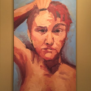 May include: A painting of a person with red hair, painted in a realistic style. The person is looking directly at the viewer and has a serious expression. The background is a light blue color.