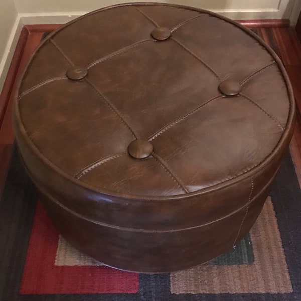 Mid Century Brown Vinyl Ottoman on Casters/Vintage Babcock-Phillips Ottoman/Mid Century Ottoman/Stool/Vintage Vinyl Round Ottoman