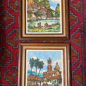 Vintage Set of 2 Mexican Paintings/ Original Mexican Art/Watercolor Painting of Mexican Village Life/Mexican Watercolor Paintings by Cabrera