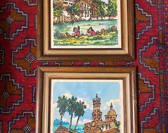 Vintage Set of 2 Mexican Paintings/ Original Mexican Art/Watercolor Painting of Mexican Village Life/Mexican Watercolor Paintings by Cabrera
