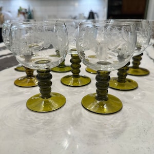 Vintage Green Bubble Bottom Stem Wine Glasses/Vintage German Etched Wine Glasses/Wine/Aperitif Glasses-set of 9/Wine Glasses on Green Stem