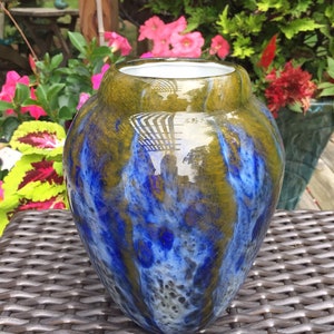 Vintage Colored Glass Vase / Blue and Green Glass Vase / Art Glass / Decorative Flower Vase / Hand Blown Art Glass Vase
