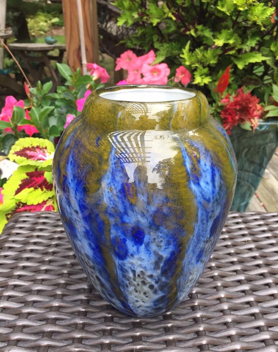 Vintage Colored Glass Vase Blue And Green Glass Vase Art Etsy