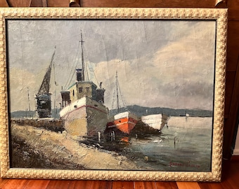 Original Oil by Durval Pereira/Marine Life Oil Painting/Fishing Boats Paiting/Listed Artist Durval Pereira Painting/Landscape Paiting