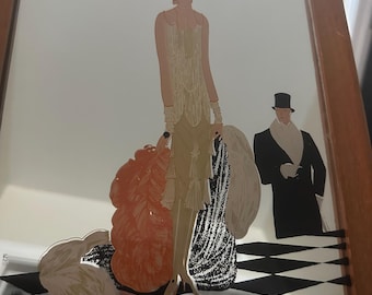 Vintage framed "Vogue" Painted Mirror w/ Flapper Girl and Top Hat Gentleman