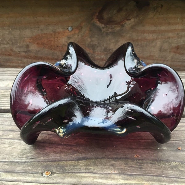 Vintage Glass Ashtray / Vintage Art Glass / Burgundy Glass / Mid Century Glass/Murano Glass