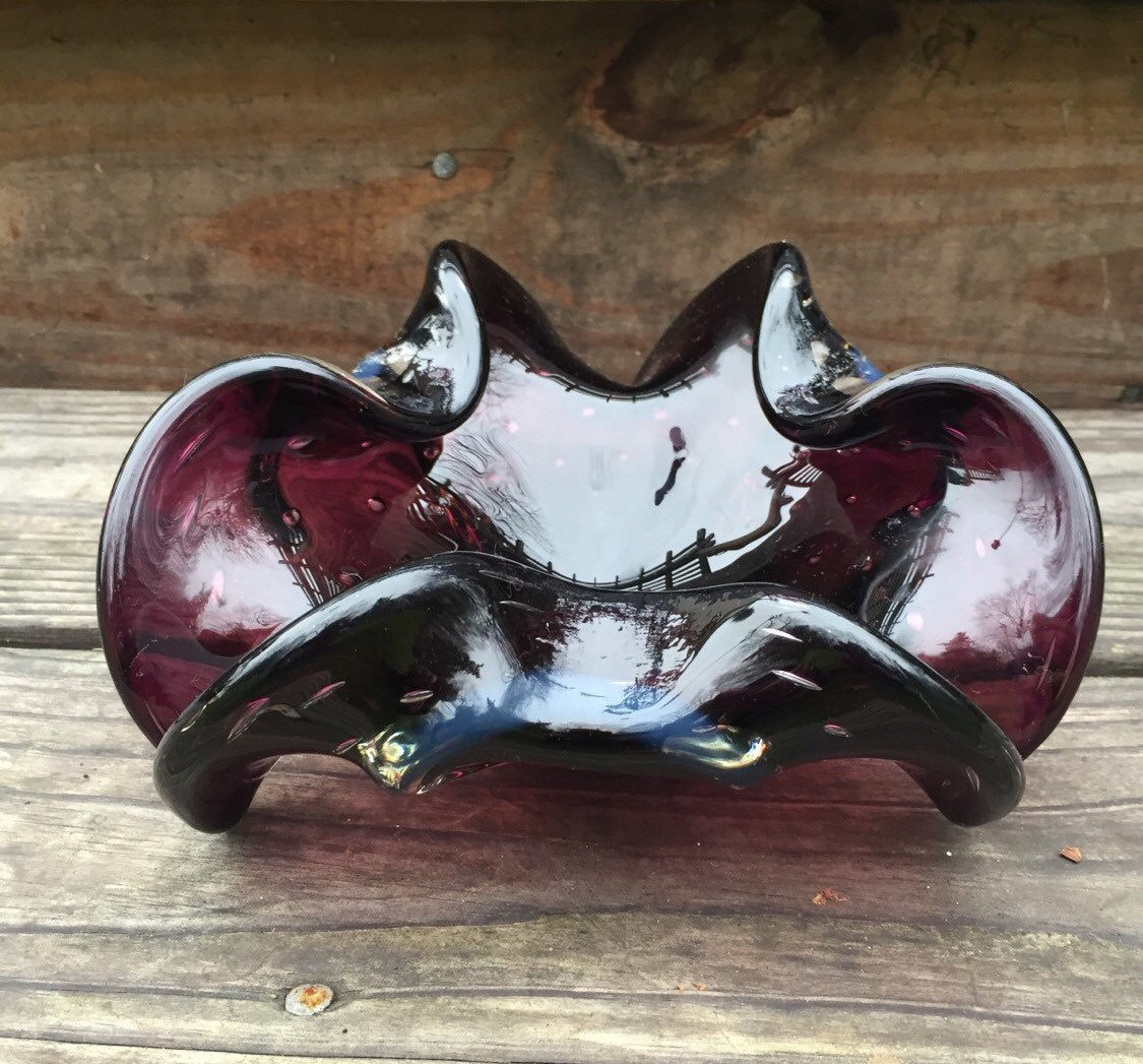 Vintage Glass Ashtray / Vintage Art Glass / Burgundy Glass / Mid