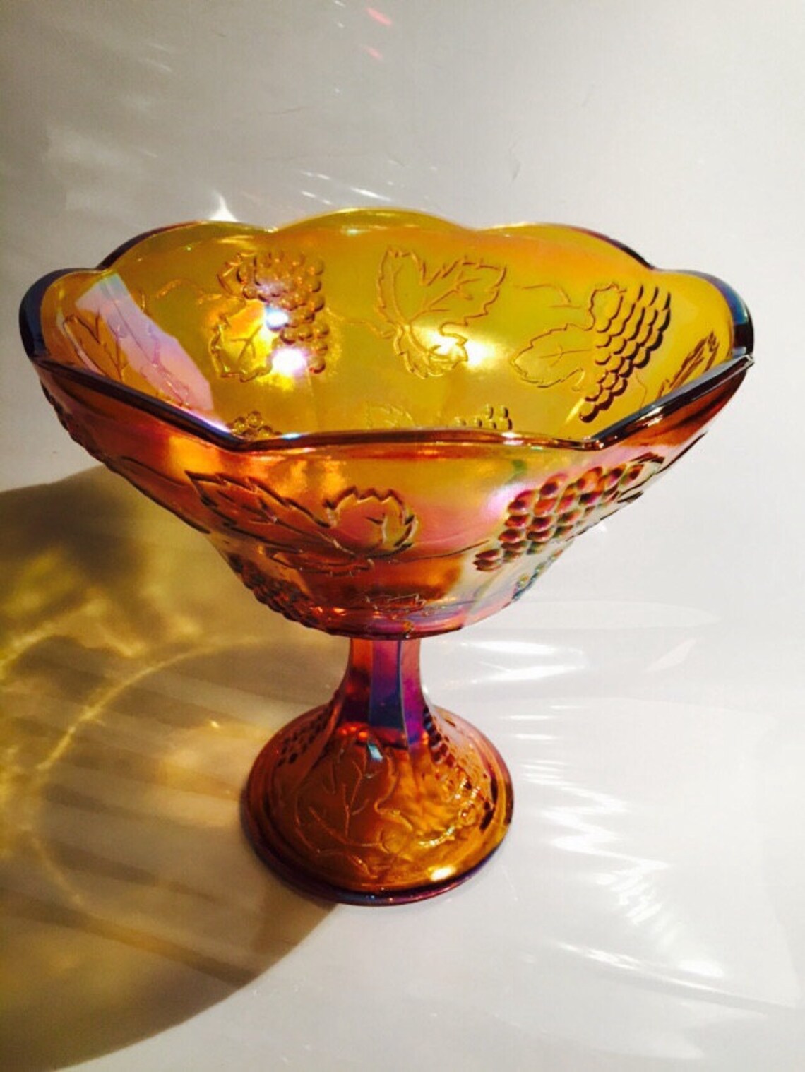 Carnival Glass Stem Bowl / Carnival Glass Dish / Vintage Marigold Glass