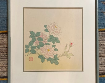 Japanese Woodblock Print/Vintage Japanese Art/Woodblock Print of Roses/Original Woodblock Print/ Original Decor/Woodblock Art