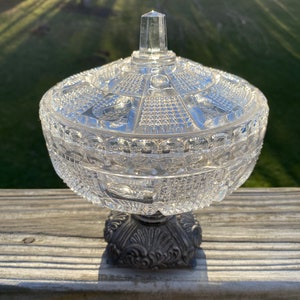 Vintage Crystal Candy Bowl/Crystal Candy Bowl with Lid/Crystal Candy Dish on Metal Stand/ Crystal Candy Dish/Glass Candy Dish/Center Pieces