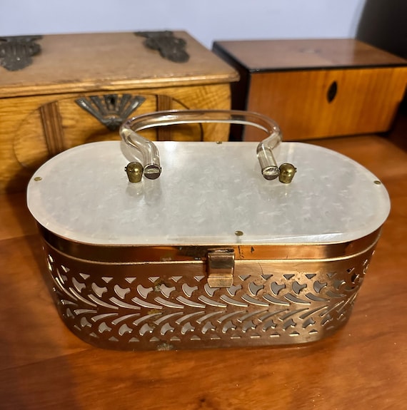 Vintage Brass Purse with Lucite Handle/Art Deco B… - image 1