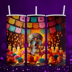 DIA De Los MUERTOS vintage Halloween Sugar Skull 20 oz Skinny Tumbler Wrap, Sublimation Design, PNG, Art floral coloré, Tradition mexicaine