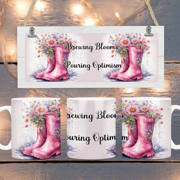 Rain Boots Mug Wrap, 11oz and 15oz Mug Wrap Sublimation PNG, Instant Download, Pink Rain Boots, Inspirational Mug Wrap, Happy Mug Design