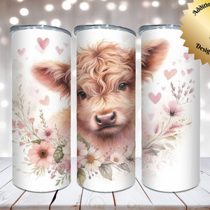 Highland Cow Tumbler Wrap, 20oz Skinny Tumbler Sublimation Design Digital Download PNG DIGITAL ONLY, Pink Highland Cow Calf Tumbler Wrap