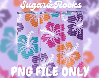 May include: A set of three sublimation tumblers with a purple background and a pattern of colorful hibiscus flowers. The text "Sugar & Rocks" is at the top of the design.  PNG FILE ONLY.