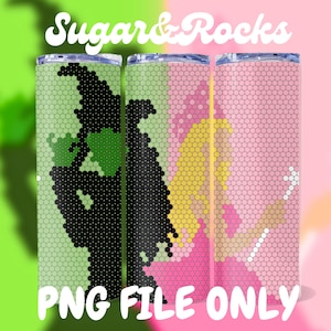Puede incluir: Tres vasos de sublimación con un patrón geométrico rosa, verde y amarillo. Los vasos presentan un gráfico de bruja y hada. El texto "Sugar & Rocks" está en la parte superior de la imagen. El texto "PNG FILE ONLY" está en la parte inferior de la imagen.