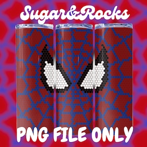 Puede incluir: Tres vasos de acero inoxidable con estampado rojo y azul con un diseño de ojo de araña blanco y negro. PNG FILE ONLY.