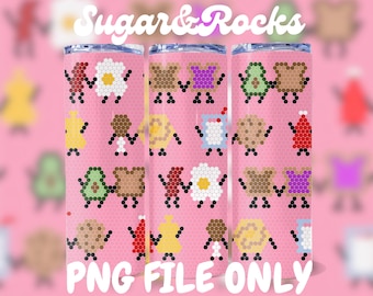 May include: Pink tumbler with a repeating pattern of pixelated food items, including eggs, toast, avocado, and more. The text "Sugar & Rocks" and "PNG FILE ONLY" are displayed on the tumbler.