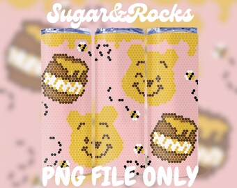 May include: Three pink and yellow patterned stainless steel tumblers with a Winnie the Pooh design. The tumblers feature a honeycomb pattern with bees and honey pots. The text "Sugar & Rocks" is at the top of the image.
