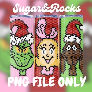 May include: Three tall, insulated tumblers with Christmas character designs. The tumblers feature pixelated images of the Grinch, Cindy Lou Who, and Max the dog, each wearing a Santa hat. The text "Sugar & Rocks" and "PNG FILE ONLY" are visible.