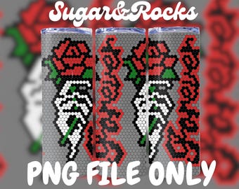Puede incluir: Tres vasos de sublimación con un diseño pixelado de rosas rojas y hojas verdes sobre un fondo gris. El texto "Sugar & Rocks" está en la parte superior de la imagen. El texto "PNG FILE ONLY" está en la parte inferior de la imagen.