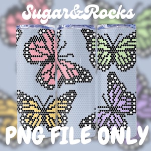 Pode incluir: Três canecas de aço inoxidável com um design de borboleta em rosa, verde, amarelo e roxo. As borboletas são feitas de pontos pretos. O texto "Sugar & Rocks" e "PNG FILE ONLY" são visíveis.