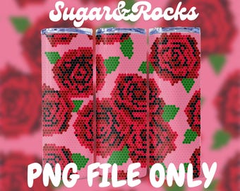 May include: Three stainless steel tumblers with a pink background and a repeating pattern of red roses. The roses are made of small dots, with green leaves. The text "Sugar & Rocks" and "PNG FILE ONLY" are displayed in white.