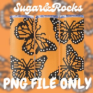 Puede incluir: Diseño de sublimación naranja y negro con un patrón de mariposas sobre un fondo de panal. Solo archivo PNG.