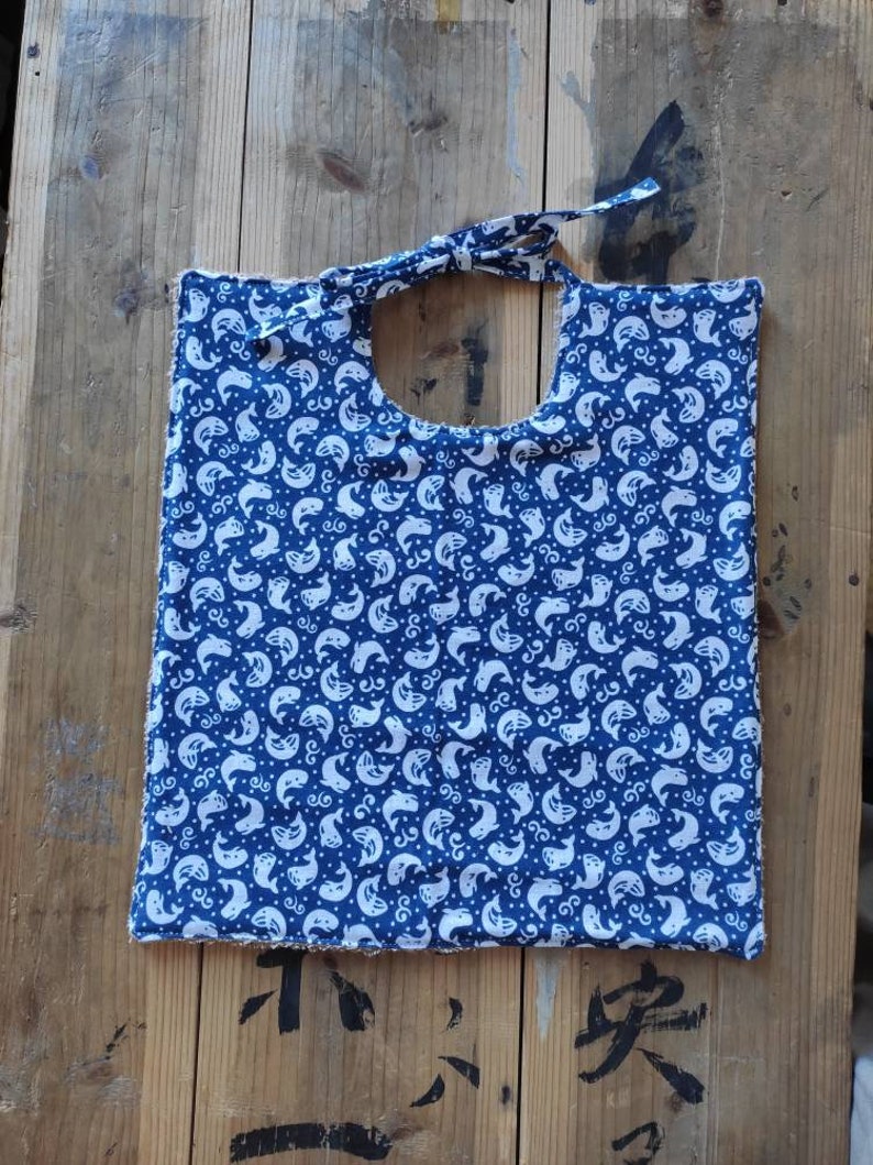 Bavoir in TENUGUI 100/% Japanese cotton pattern KUJIRA whale and waves ocean blue