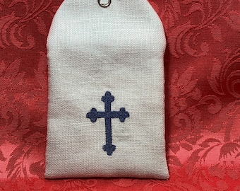 Ice green linen Rosary pouch, embroidered blue cross, 3.5"X3.5"