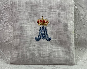 White Linen Rosary pouch, Marian emblem, raw silk lining, 3.5X3.5"